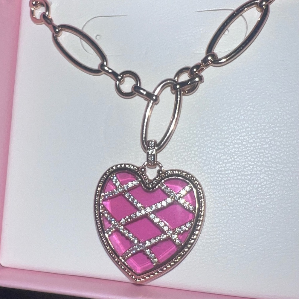 Delicate Pink and Silver Heart Necklace with Ribbon Design